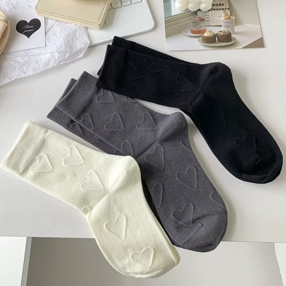 Heart Embossment Middle-Tube Socks Women JK Lolita Kawaii Cute Socks Casual Fashion Solid Color Cotton Breathable Long Socks Sox