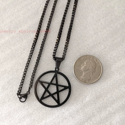 Men Pagan Wicca Inverted Star Pentagram Stainless Steel Pendant Necklace Box Chain 2.4Mm 24''