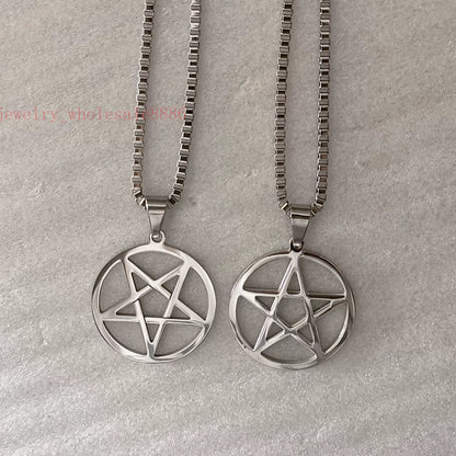 Men Pagan Wicca Inverted Star Pentagram Stainless Steel Pendant Necklace Box Chain 2.4Mm 24''