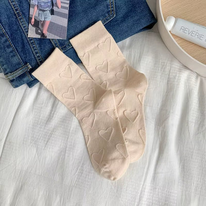 Heart Embossment Middle-Tube Socks Women JK Lolita Kawaii Cute Socks Casual Fashion Solid Color Cotton Breathable Long Socks Sox