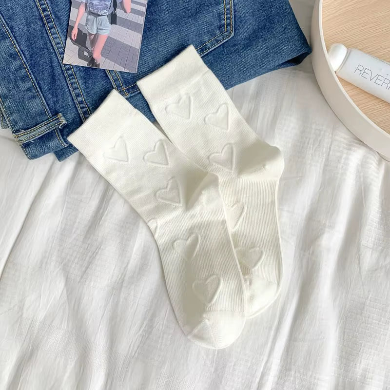 Heart Embossment Middle-Tube Socks Women JK Lolita Kawaii Cute Socks Casual Fashion Solid Color Cotton Breathable Long Socks Sox