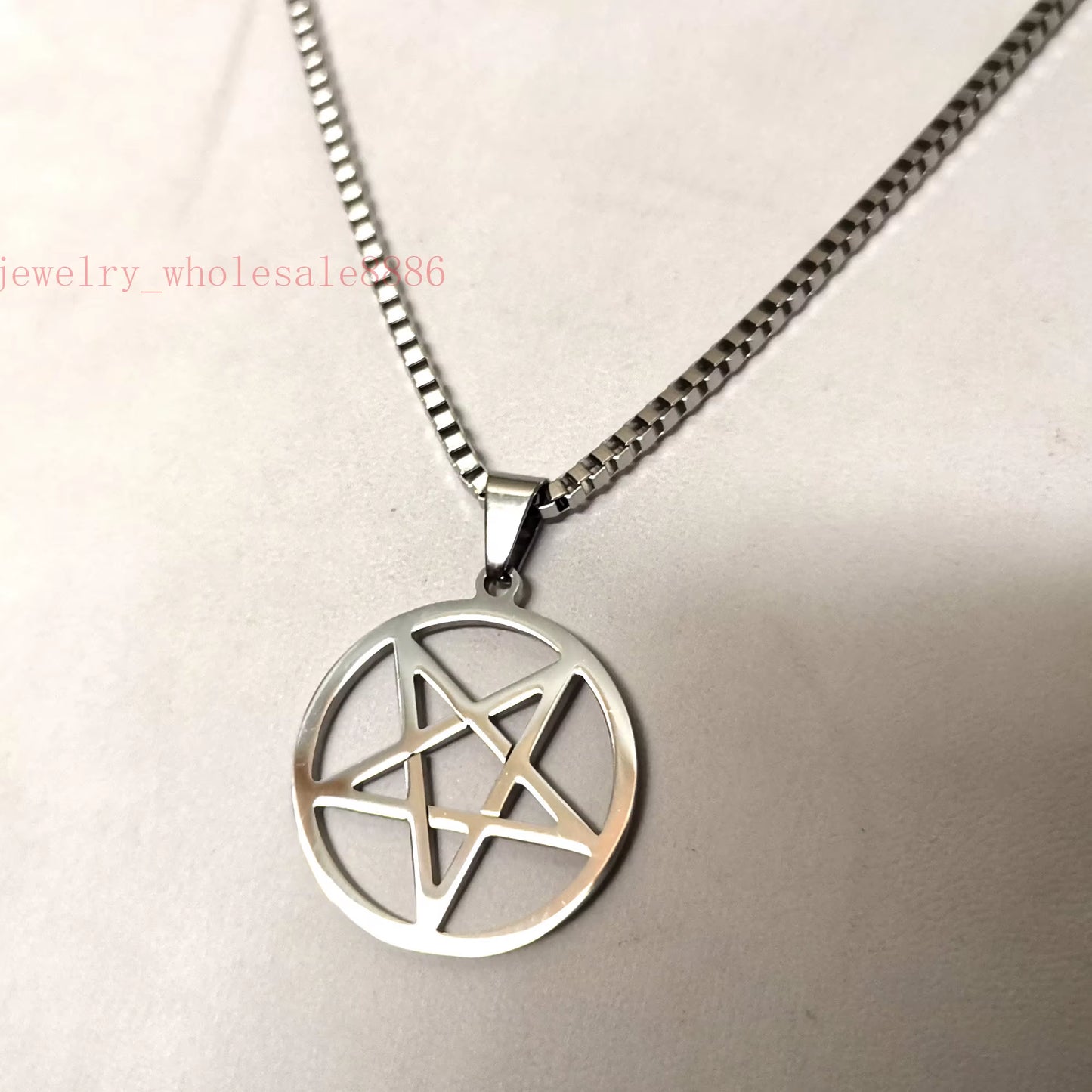Men Pagan Wicca Inverted Star Pentagram Stainless Steel Pendant Necklace Box Chain 2.4Mm 24''
