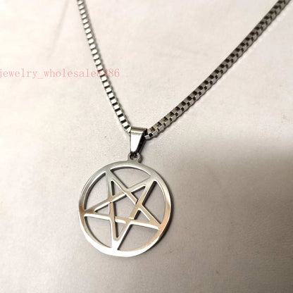 Men Pagan Wicca Inverted Star Pentagram Stainless Steel Pendant Necklace Box Chain 2.4Mm 24''