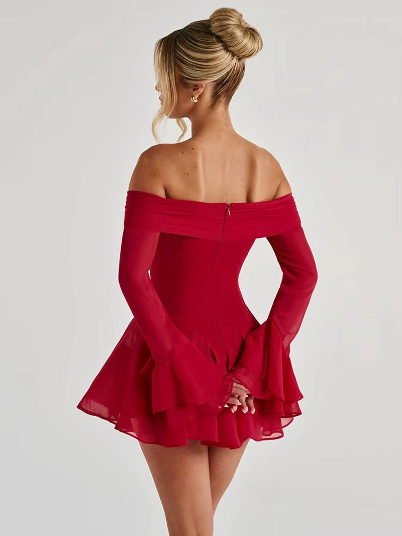 Strapless Long Flare Sleeve Sexy Mini Dress for Women Robe Off-Shoulder Backless High Waist A-Line Club Party Dress