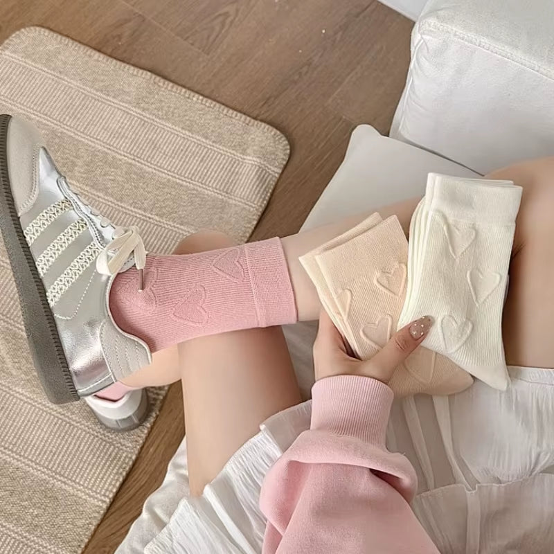Heart Embossment Middle-Tube Socks Women JK Lolita Kawaii Cute Socks Casual Fashion Solid Color Cotton Breathable Long Socks Sox
