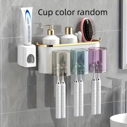 1 Set Multifunctional Toothbrush Rack and Mug Holder Wall Mounted Toothpaste and Mouthwash Storage with Toothpaste Squeezer