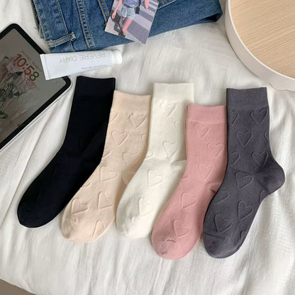 Heart Embossment Middle-Tube Socks Women JK Lolita Kawaii Cute Socks Casual Fashion Solid Color Cotton Breathable Long Socks Sox