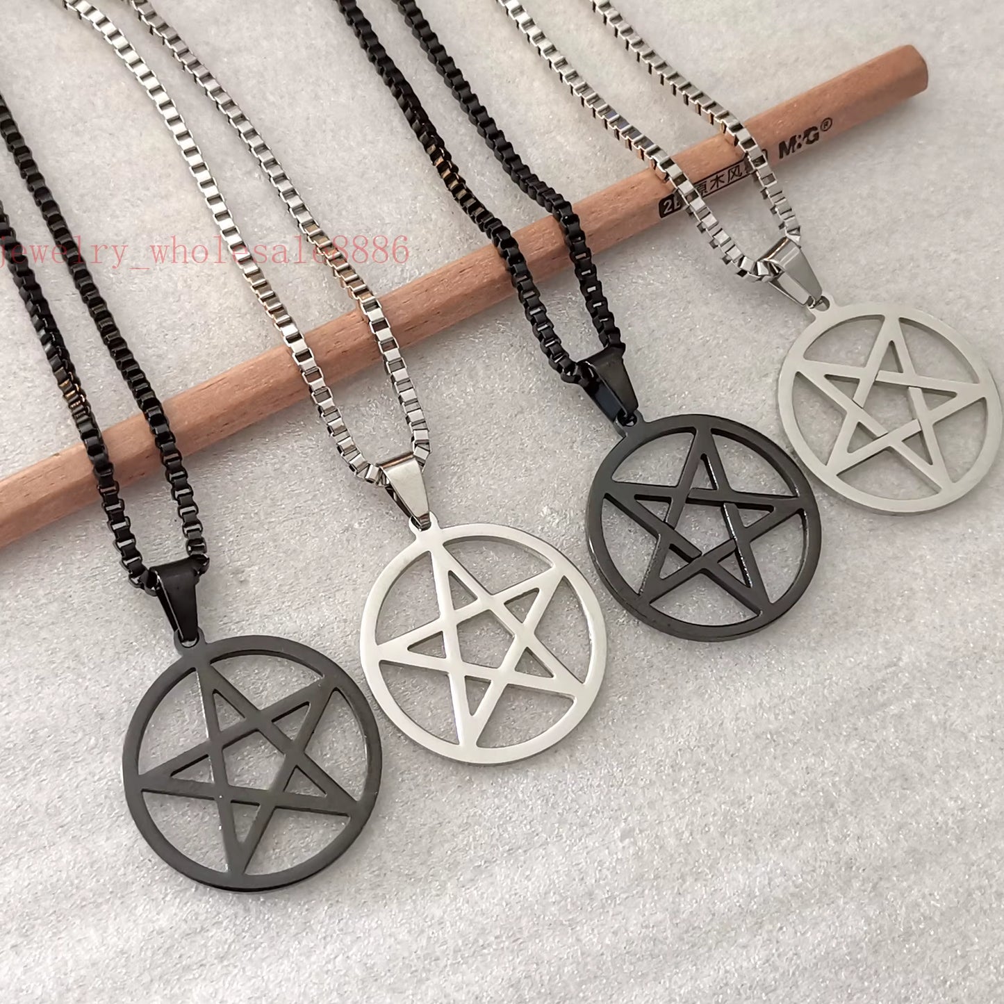 Men Pagan Wicca Inverted Star Pentagram Stainless Steel Pendant Necklace Box Chain 2.4Mm 24''