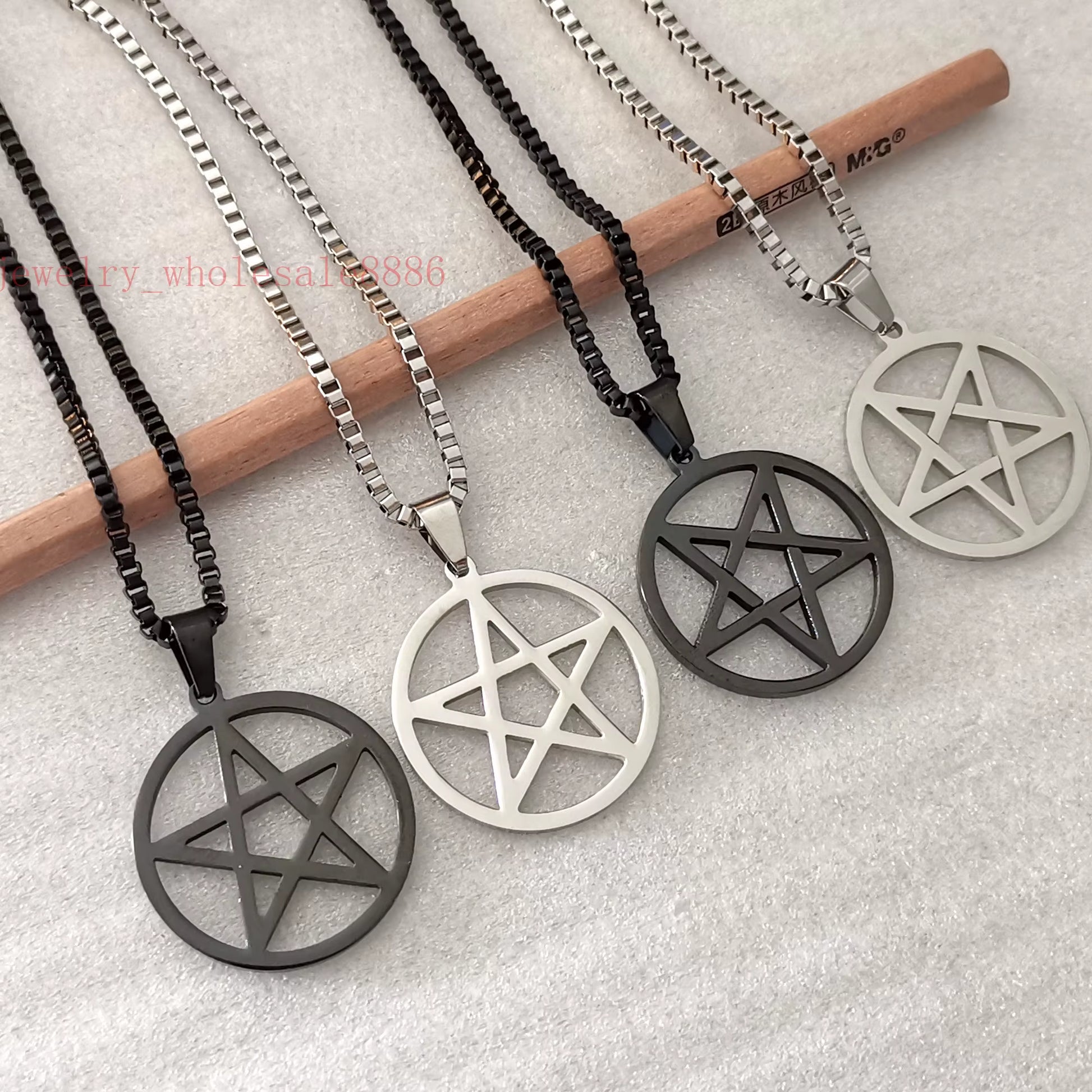 Men Pagan Wicca Inverted Star Pentagram Stainless Steel Pendant Necklace Box Chain 2.4Mm 24''