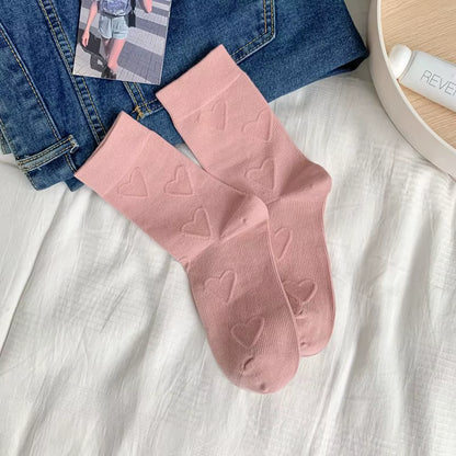 Heart Embossment Middle-Tube Socks Women JK Lolita Kawaii Cute Socks Casual Fashion Solid Color Cotton Breathable Long Socks Sox