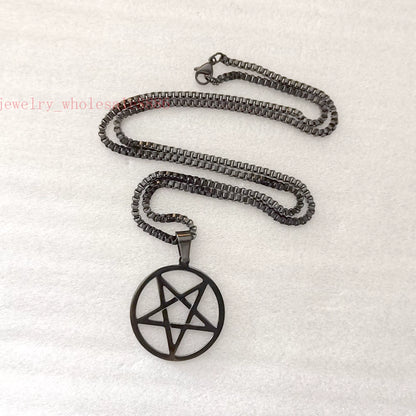 Men Pagan Wicca Inverted Star Pentagram Stainless Steel Pendant Necklace Box Chain 2.4Mm 24''