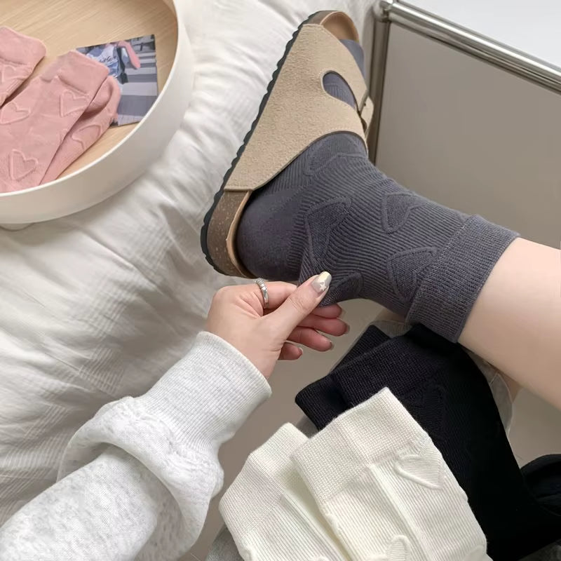 Heart Embossment Middle-Tube Socks Women JK Lolita Kawaii Cute Socks Casual Fashion Solid Color Cotton Breathable Long Socks Sox