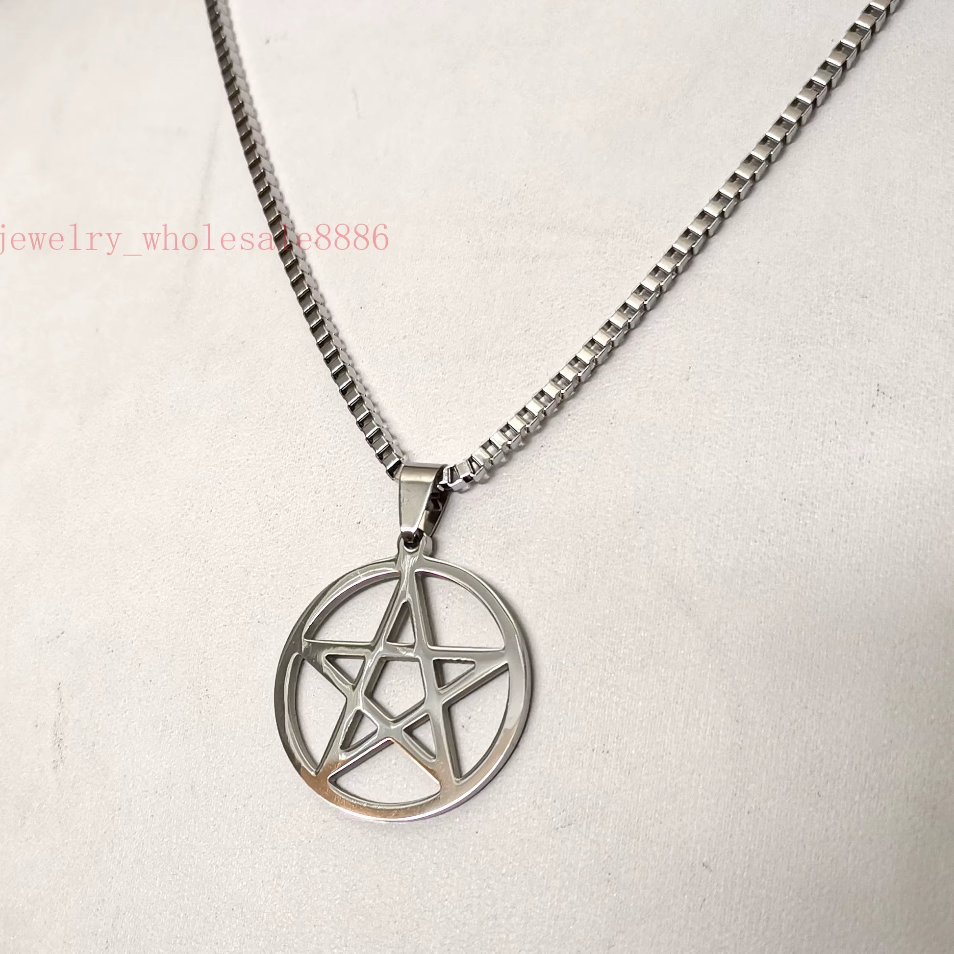 Men Pagan Wicca Inverted Star Pentagram Stainless Steel Pendant Necklace Box Chain 2.4Mm 24''