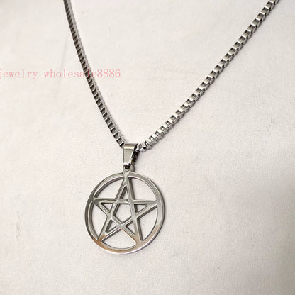 Men Pagan Wicca Inverted Star Pentagram Stainless Steel Pendant Necklace Box Chain 2.4Mm 24''