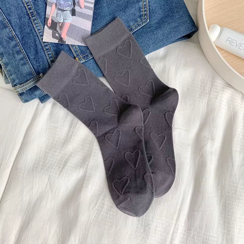 Heart Embossment Middle-Tube Socks Women JK Lolita Kawaii Cute Socks Casual Fashion Solid Color Cotton Breathable Long Socks Sox