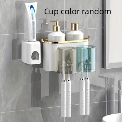 1 Set Multifunctional Toothbrush Rack and Mug Holder Wall Mounted Toothpaste and Mouthwash Storage with Toothpaste Squeezer