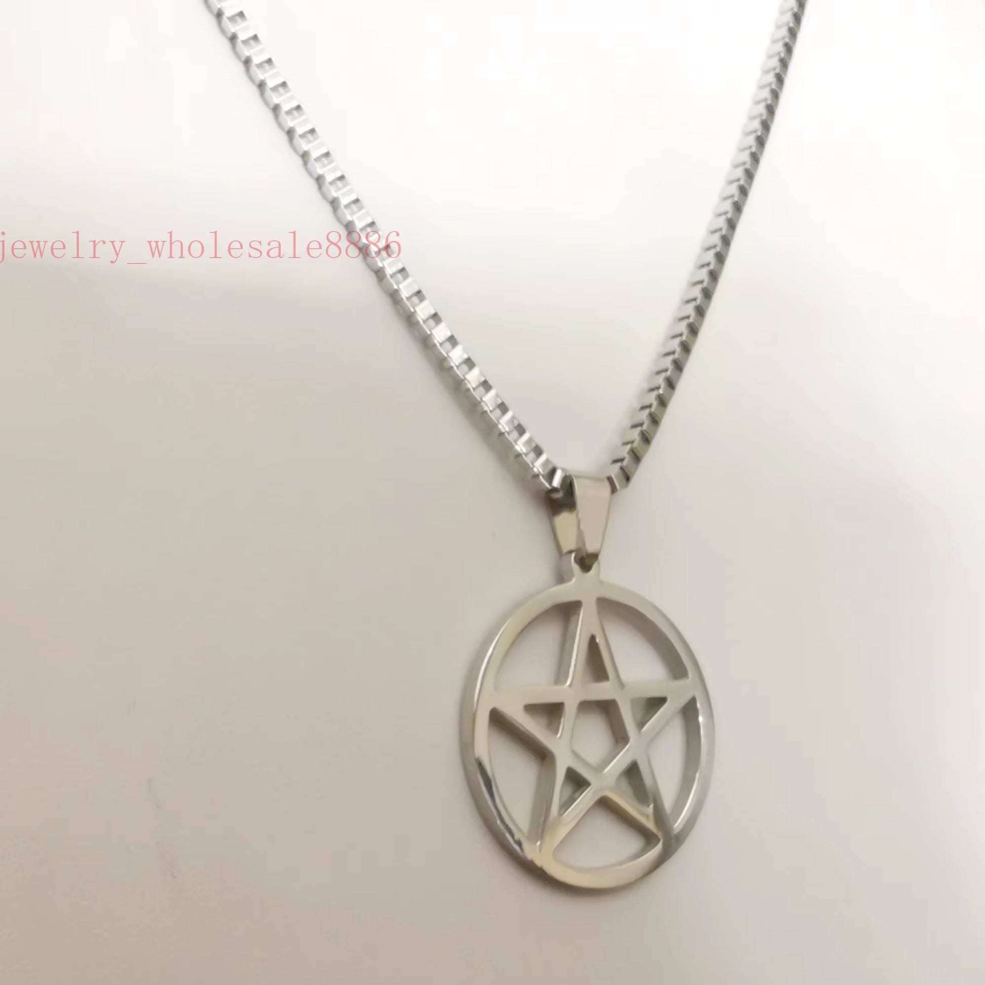 Men Pagan Wicca Inverted Star Pentagram Stainless Steel Pendant Necklace Box Chain 2.4Mm 24''