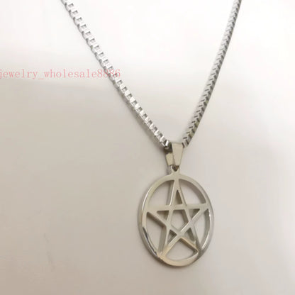 Men Pagan Wicca Inverted Star Pentagram Stainless Steel Pendant Necklace Box Chain 2.4Mm 24''
