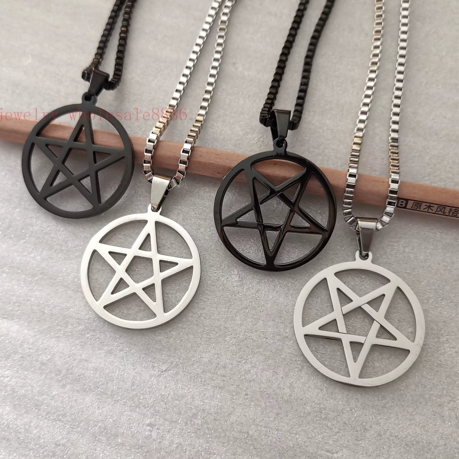 Men Pagan Wicca Inverted Star Pentagram Stainless Steel Pendant Necklace Box Chain 2.4Mm 24''