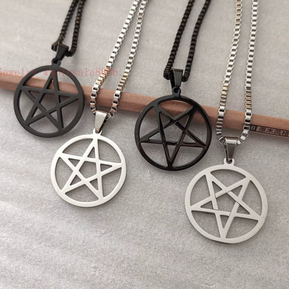 Men Pagan Wicca Inverted Star Pentagram Stainless Steel Pendant Necklace Box Chain 2.4Mm 24''