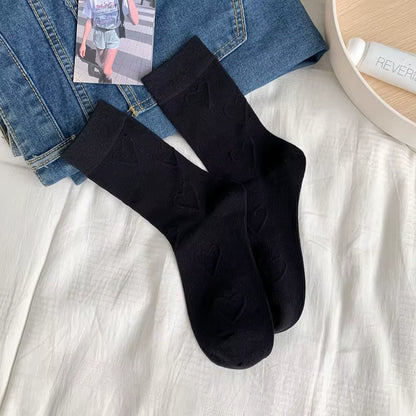 Heart Embossment Middle-Tube Socks Women JK Lolita Kawaii Cute Socks Casual Fashion Solid Color Cotton Breathable Long Socks Sox