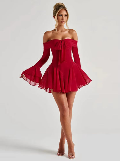 Strapless Long Flare Sleeve Sexy Mini Dress for Women Robe Off-Shoulder Backless High Waist A-Line Club Party Dress