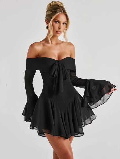 Strapless Long Flare Sleeve Sexy Mini Dress for Women Robe Off-Shoulder Backless High Waist A-Line Club Party Dress