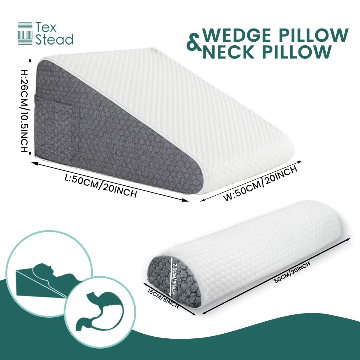 2 Pcs Memory Foam Bed Wedge Pillow/Neck Pillow for Back, Leg, and Knee - Triangle Pillow with Removable Cover