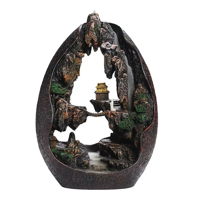 1Pc, Zen Buddha Resin Ornament Landscape Waterfall Backflow Incense Burner Home Decor Censer Tea Pet (Without Incense)