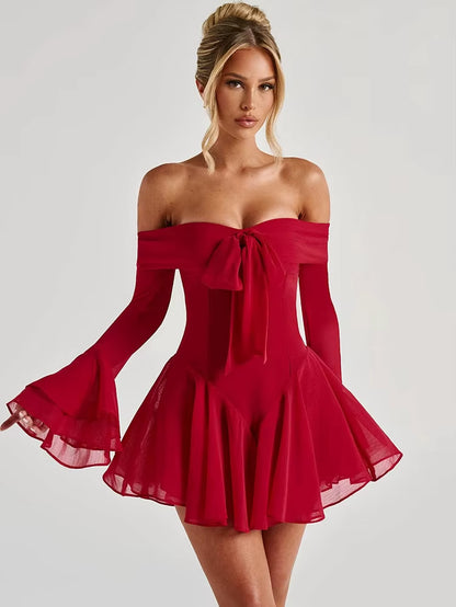 Strapless Long Flare Sleeve Sexy Mini Dress for Women Robe Off-Shoulder Backless High Waist A-Line Club Party Dress