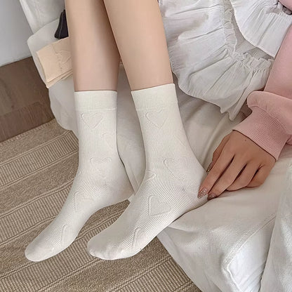 Heart Embossment Middle-Tube Socks Women JK Lolita Kawaii Cute Socks Casual Fashion Solid Color Cotton Breathable Long Socks Sox