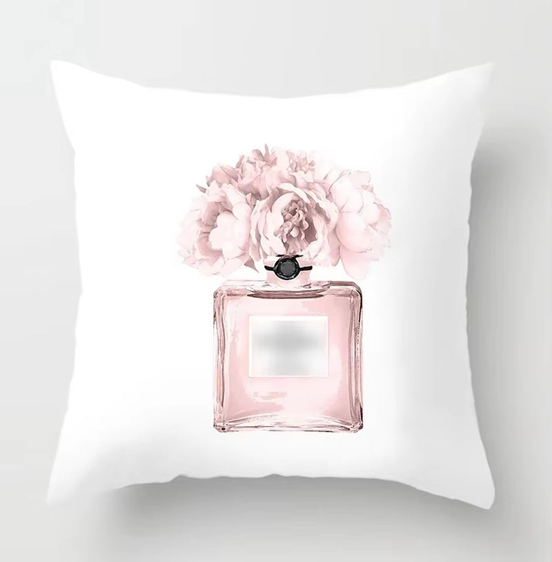 Brand Perfume Bottle Pillowcase Fashion Women Favor Cushion Home Decorative Peach Skin Velvet Perfume Sofa Pillow Cover