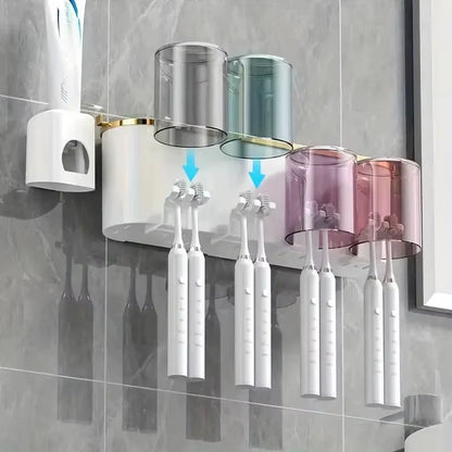 1 Set Multifunctional Toothbrush Rack and Mug Holder Wall Mounted Toothpaste and Mouthwash Storage with Toothpaste Squeezer