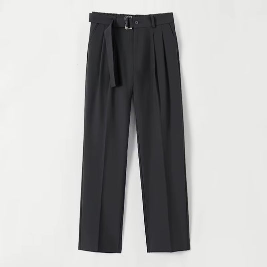 New Fashion Solid Color Pleated Suit Trousers Men Spring Summer Vintage High Waist Belt-Up Straight Pants for Mens Casual Pants